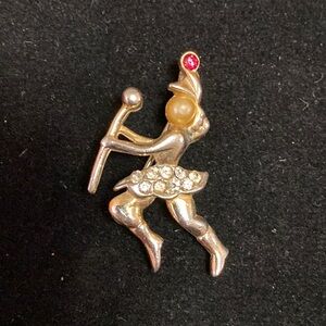 Vintage cute brooch with ruby, pearl and diamonds 1”L sterling silver